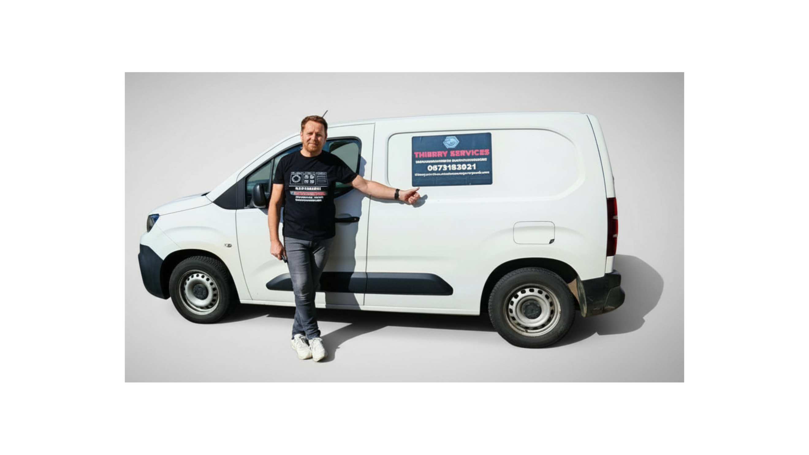 Thierry, technicien électroménager, devant son camion Thierry Services